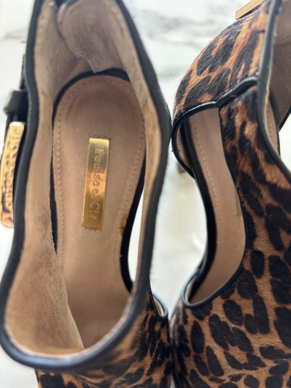 Louise et Cie Leopard Calf Hair Peep Toe Cage Bootie Size 6 Gold Hardware - Picture 2 of 7